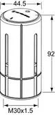 Zeichnung eines runden Thermostatkopfes mit eingebautem Fühler und Schraubgewinde M30x1.5, angezeigt in schematischer Ansicht für IMI Hydronic Engineering Produkte.